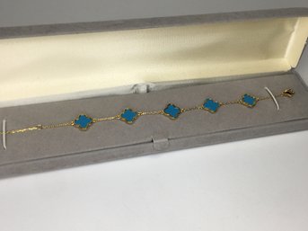 Stunning Van Cleef / Alhambra Style Sterling Silver With 14K Gold Overlay Bracelet With Turquoise - New !