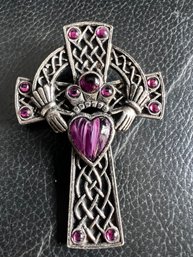 Soldor Purple Gemstone Embellished Irish Claddagh Cross Pin
