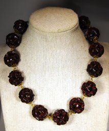 Vintage Carved Plastic Beaded Gold Tone Necklace 1950s