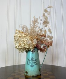 Parisian Chic - Robins Egg Blue Tin Handled Pitcher With Dried Natural Blooms- Maison Motif
