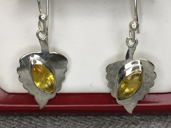 Lovely Leafy Sterling Silver / 925 Earrings With Beautiful Yellow Topaz - Very Unusual And Very Nice Looking