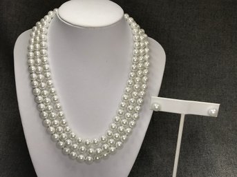 Very Pretty Triple Strand Shell Pearl Necklace & Earring Set - Shell Pearls Are Made Of Genuine Pearls