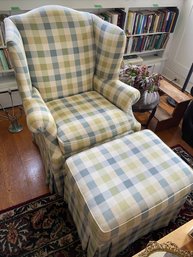 Ethan Allen Blue And Green Plaid Wingback Armchair 33x27x42 And Ottoman