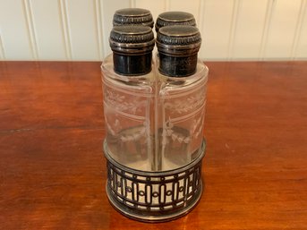 Set Of Four Scent Bottles In Silver Caddy