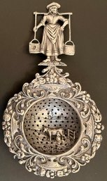 Ornate Vintage Repousse Tea Strainer - Dutch Milkmaid - Cow Milking Scene - Silver Unmarked - Probably Plated