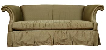 Custom High Back Olive Green With Gold Diamonds  Embroidered Scrolled Shelter Sofa With Pleated Skirt