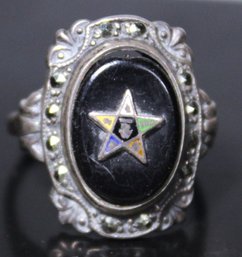 Antique Sterling Silver Eastern Star Black Onyx, Enamel Marcasite Ladies Ring Size 7