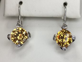 Fabulous 925 / Sterling Silver Earrings With Intense Orange Topaz And Four (4) Prong Set White Topaz - NICE !