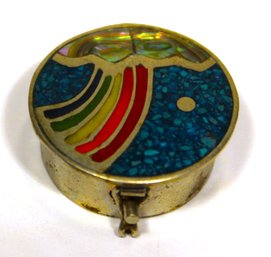 Vintage 1980s Mexican Aplaca Silver Pill Box Turquoise Inlay W Rainbow