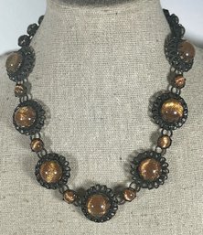 Vintage Costume Necklace Having Gold Stone Glass Cabochon Stones