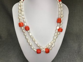 Beautiful Genuine Cultured Baroque Pearls & Chunky Orange Coral Bead Necklace - VERY Long (38') BRAND NEW !