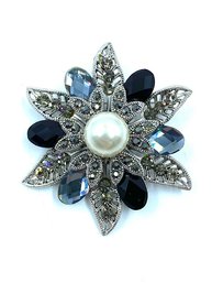 Faux Pearl And Multi Stone Floral Brooch