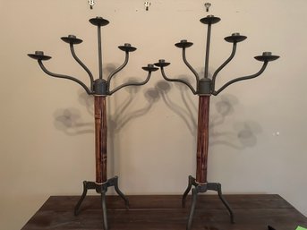Pair Of Heavy Metal And Wood Candle Holders