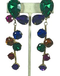 1980s Plastic Jeweled Elongated Clip Earrings Era Pendants