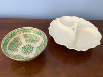 Green Painted Asian Bowl And A White Basketweave Server