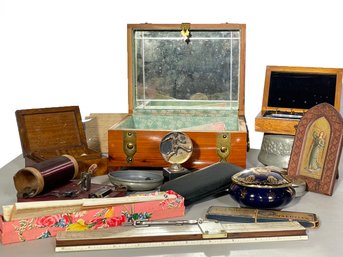 Vintage Desktop - Postcard, Trinkets, Tobacco Box, And More