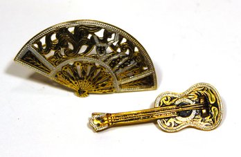 Two Pieces Vintage Damascene Gilt Fan And Guitar Brooches From Spain