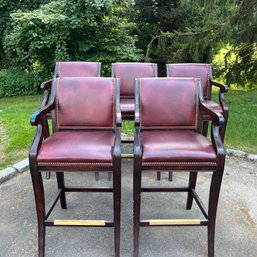 5 Hancock & Moore Leather Burgundy Bar Stools With Brass Nail Head Detailing