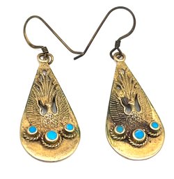 Vintage Gold/copper Color With Turquoise Color Ornate Earrings