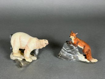 Vintage TFM Franklin Mint Polar Bear & Fox Figures On Lead Crystal Base