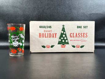 A Festive Set Of Eight Vintage Holiday Glasses By HazelWare In Original Box