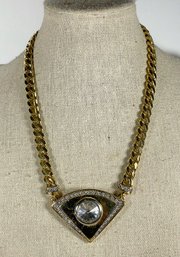 Fine Good Quality Gold Tone Designer Costume Necklace W Large White Stone