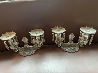 Pair Of Ornate Antique Cambridge Crystal Candleabras- 3 Lite Caprice Pattern With Crystals