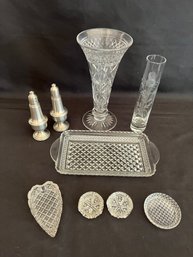 8pc Lot Elegant Dining Accessories - Pewter S&P, Crystal Vase, Cut Glass
