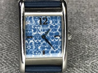 $299 Retail Price - Great Looking Unisex COACH Tank Style Watch - Blue Leather Strap / Dial - With New Battery