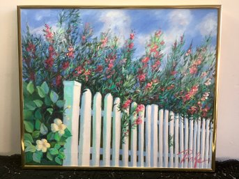 Signed Oil On Canvas Floral White Fence Landscape Art