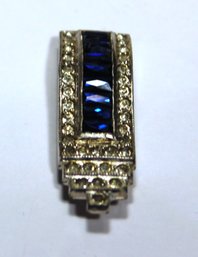 Art Deco White And Blue Paste Dress Clip Silver Tone