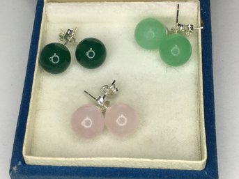 Three Fantastic Pairs Of Jade Quartz Earrings - Pink - Jadite - Spinach Jade With Sterling Mounts - New !