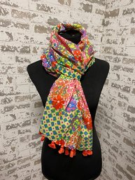 Fun & Funky Flower Power Shawl/wrap W/ Pompom Tassels