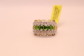 Russian Diopside, Cambodian Zircon Ring In Vermeil YG & Plat. Over Sterl. Size 9 Signed 'STS' Chuck Clemency