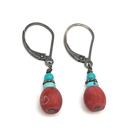 Vintage Sterling Silver Coral And Turquoise Color Dangle Earrings