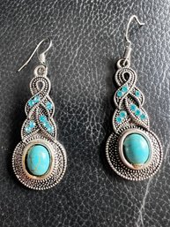Embellished Turquoise Bezel And Aquamarine Silver Drop Earrings