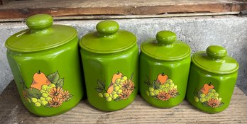 Vintage New Kromex Green Canister Set With Fruit ~ Metal & Enamel ~