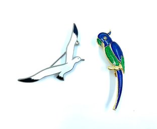 Enamel Seagull And Parrot Brooches