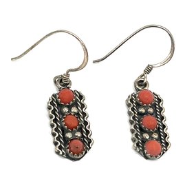 Vintage Sterling Silver Coral Color Ornate Dangle Earrings