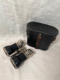 19th C. Sportiere Jockey Club Paris Chrome & Leather Wrapped Binoculars And Case Made In France