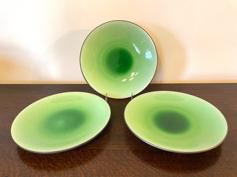 Three Large Modern Designed Plates With Crackle Green Glass Glaze