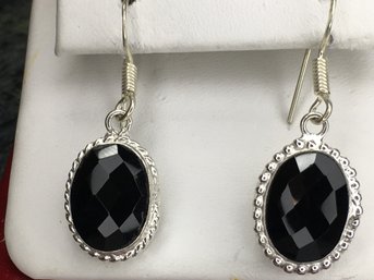 Fabulous Large 925 / Sterling Silver Earrings With Faceted Black Onyx - Very Nice Pair - Brand New Pair !