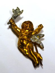 Antique Gilt Metal Costume Brooch Cherub With Torch Dress Clip