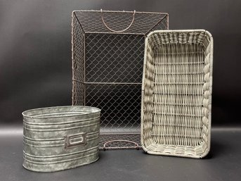 A Grouping Of Rustic Containers: Galvanized Tub, Woven Basket & More