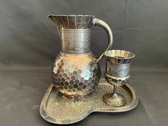 Rogers Smith & Company Hammered Silver Plate 3 Piece Drink Set - Tray, Pitcher, Goblet
