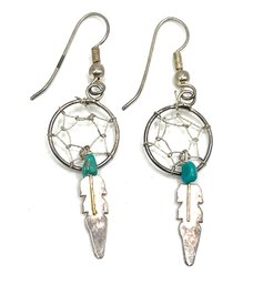 Vintage Sterling Silver Turquoise Color Dream Catcher Earrings