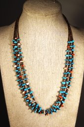 Fine Three Multi Strand Turquoise Beaded Necklace Having Sterling Silver