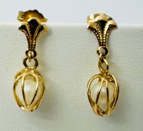VINTAGE 14K GOLD CAGED PEARL DANGLE EARRINGS