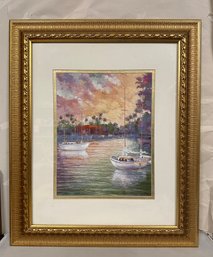 Lovely Painting Florida Canal With Palm Tress & Sailboats, Soft Pastels Water Colors Wooden Framed. BS - WA/B