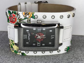 Brand New $249 ED HARDY Ladies White Leather Cuff Watch With Amazing Tattoo Graphics - New Battery - WOW !